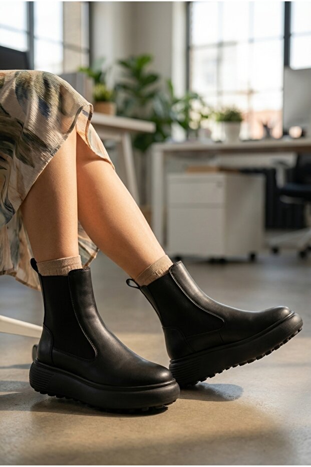 Kadın Bot Siyah Platform Taban Deri Hakki Deri Bot - 4