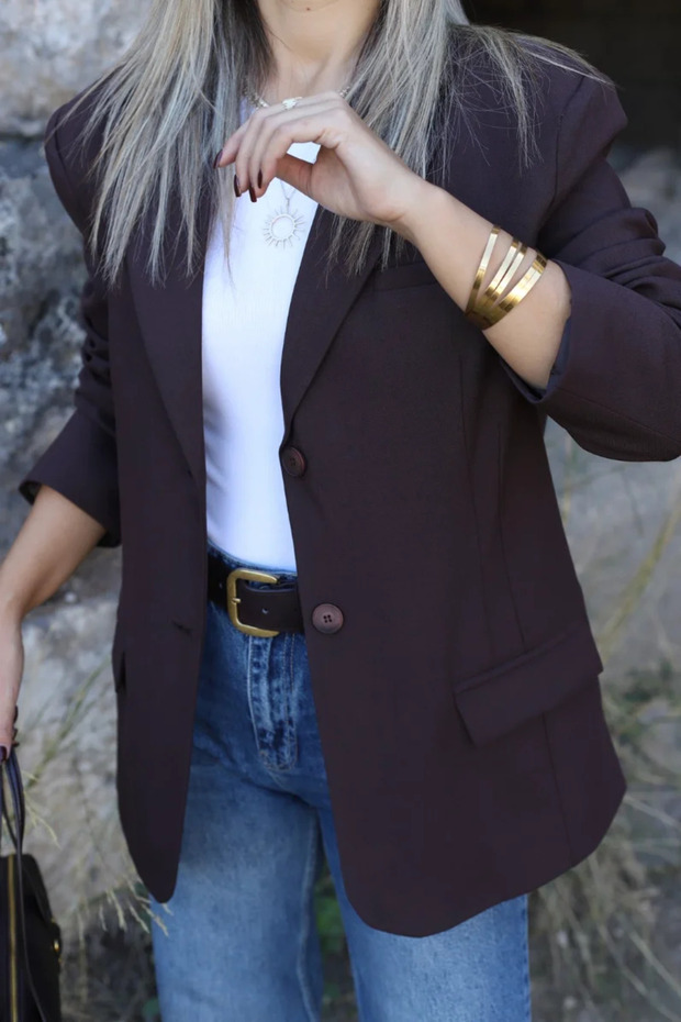 سترة بليزر بني قصة فضفاضة من البولي فيسكوز - 3