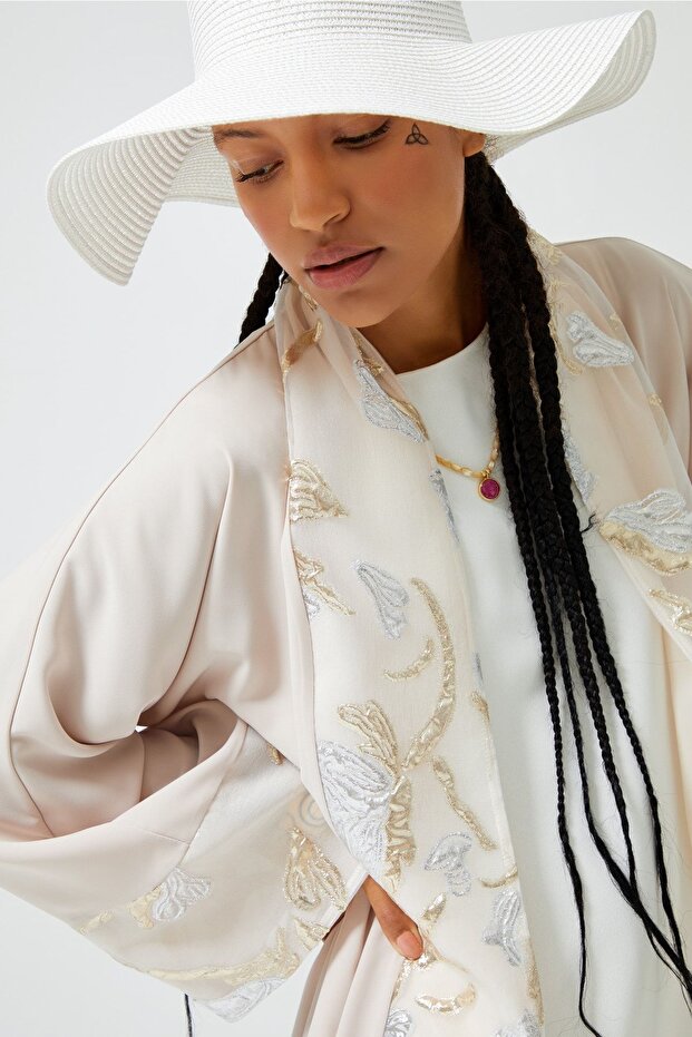 Brocade Garnished Abaya Nude & Shawl