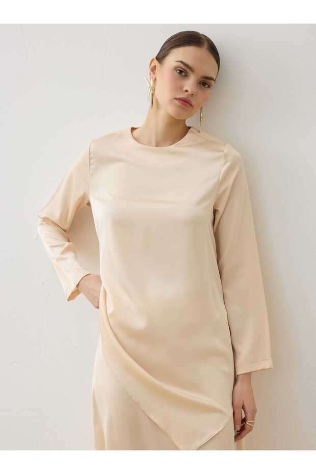 Saten Kumaş Tunik&Etek Takım - Vanilya - - 4