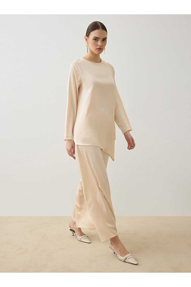 Saten Kumaş Tunik&Etek Takım - Vanilya - - 1