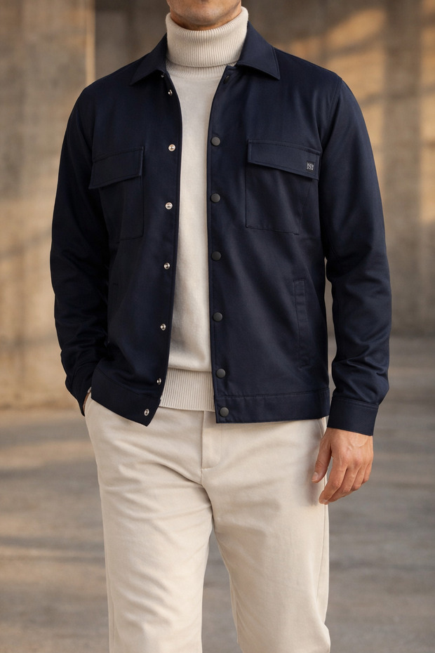 Men's Navy Blue Hooded Double Pocket Snap Fastener Sports Jacket Comfortable Fit