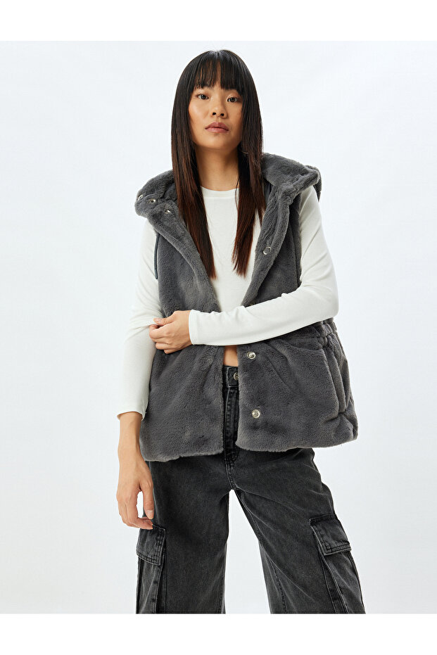 Faux Fur Vest with Hood, Snap Buttons and Pocket Detail