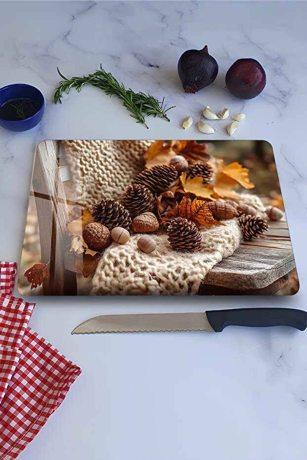 Uv Printing on Cone and Leaf Pattern Tempered Glass Cutting Board 21X30 cm Size - Ckt017