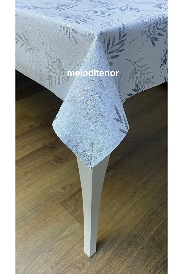 Glittery Branch Leaf Pattern Stain-Resistant White Luxury Lined Wrinkle-Free Linen Pvc Oilcloth Tablecloth