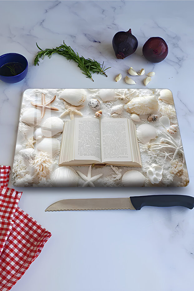 Sea Shells and Book Themed Tempered Glass Cutting Board 21X30 cm Size Uv Printing - Ckt094