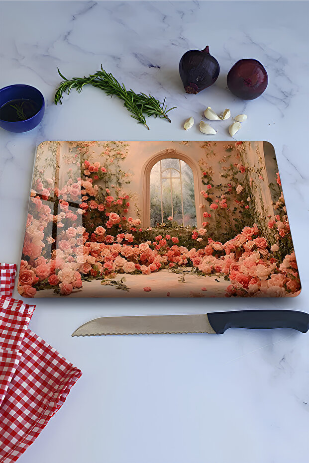 Pink Rose Garden Themed Tempered Glass Cutting Board 21X30 cm Size Uv Printing - Ckt097