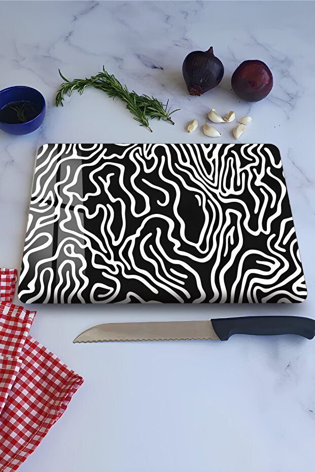 Black and White Abstract Pattern Tempered Glass Cutting Board 21X30 cm Size Uv Printing - Ckt099