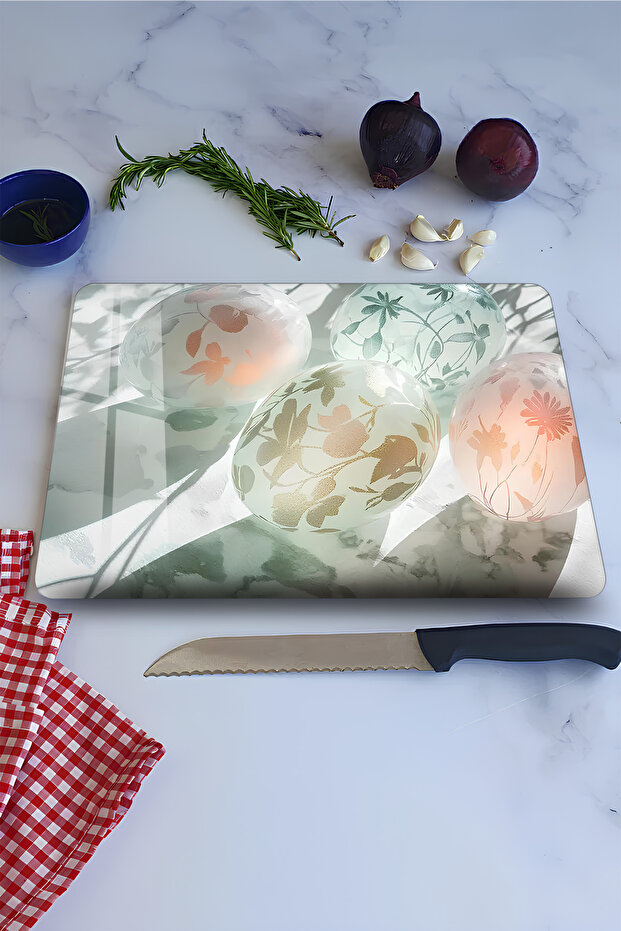 Pastel Flower and Glass Globe Pattern Tempered Glass Cutting Board 21X30 cm Size Uv Printing - Ckt077