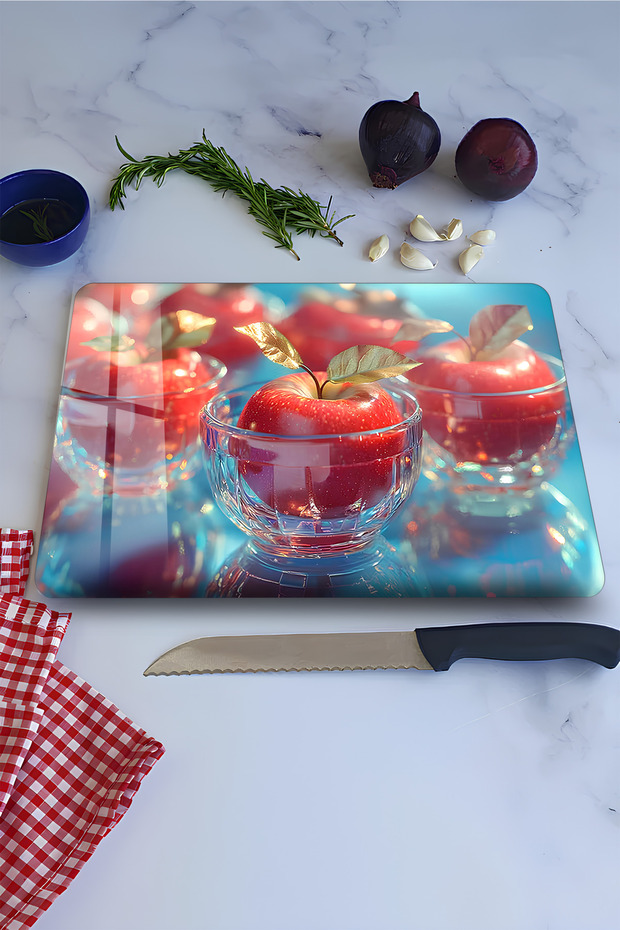 Tempered Glass Cutting Board – Red Apple and Glass Bowl Themed Uv Print 21X30 cm - Ckt116