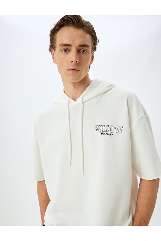 Sports Sweatshirt Oversize Hooded Slogan Printed Half Sleeve Cotton Blend
