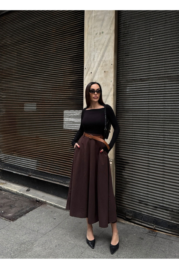 Women's Pocketed Belt Piece Long Skirt