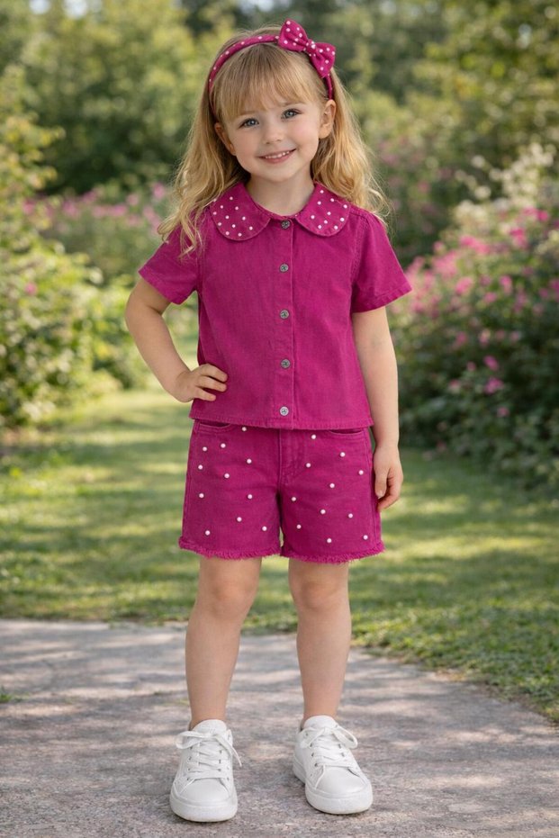 Pink Pearl Girls' Jeans Shorts and Shirt Set