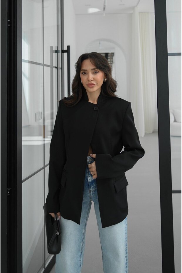 Black Mandarin Collar Blazer Jacket