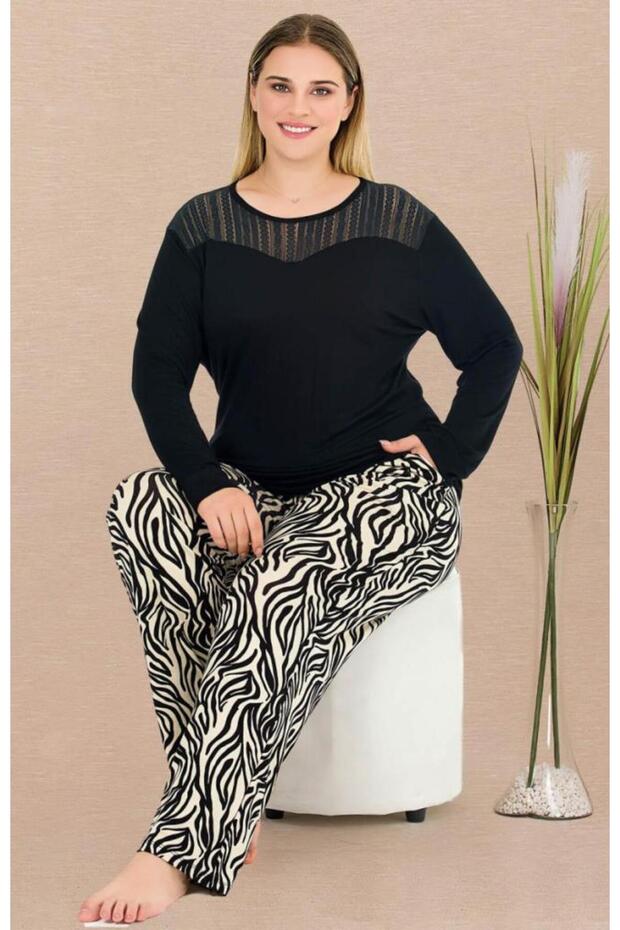 Black Zebra Pattern Long Sleeve Plus Size Pajama Set