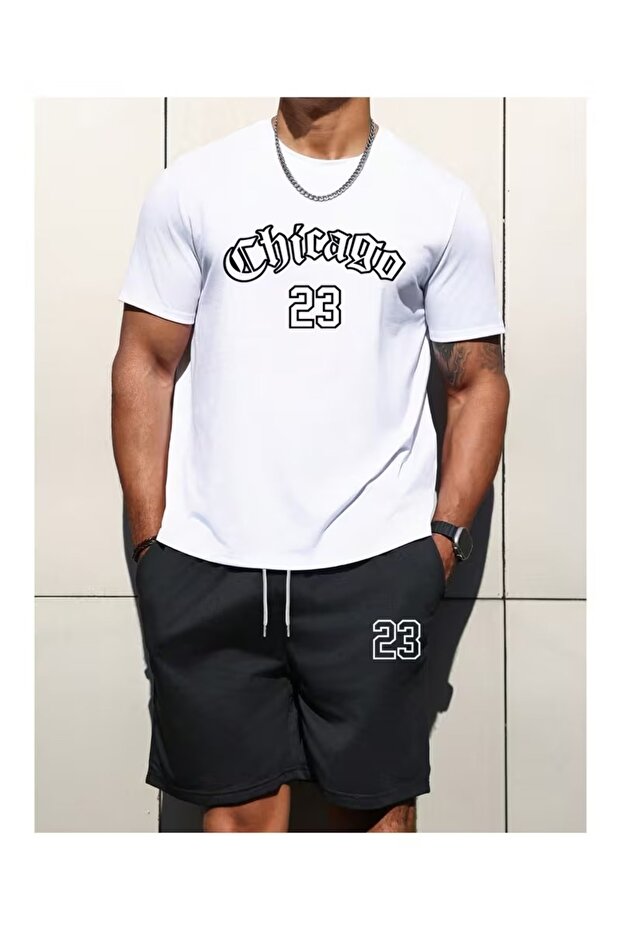 Unisex Design Chicago Printed Oversized Short Sleeve T-Shirt Shorts 2-Piece Top Bottom Set