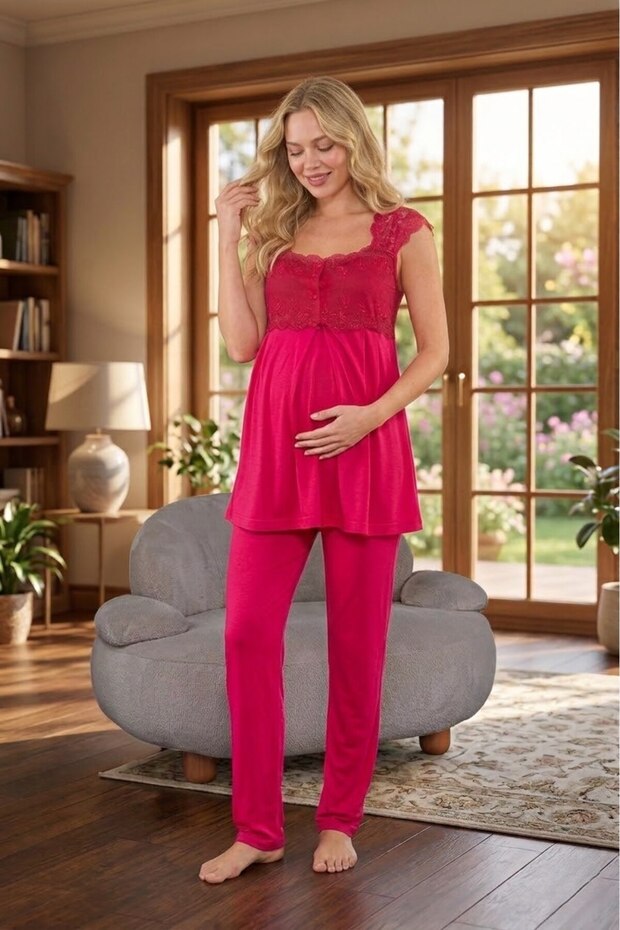 New Season Fuchsia Straps Lace Detailed Special Design Summer 100% Cotton Maternity Pajama Set