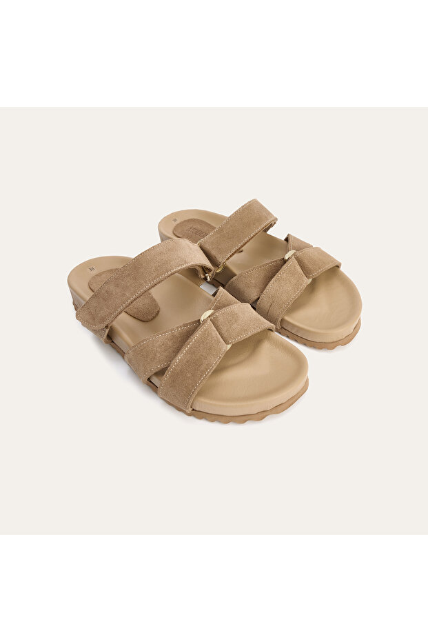 Women's Mink Color Strappy Leather Slippers