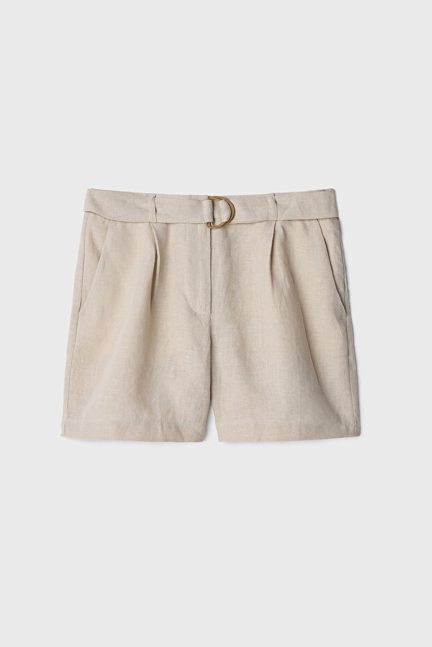 Women's Beige Belted Short Linen Shorts