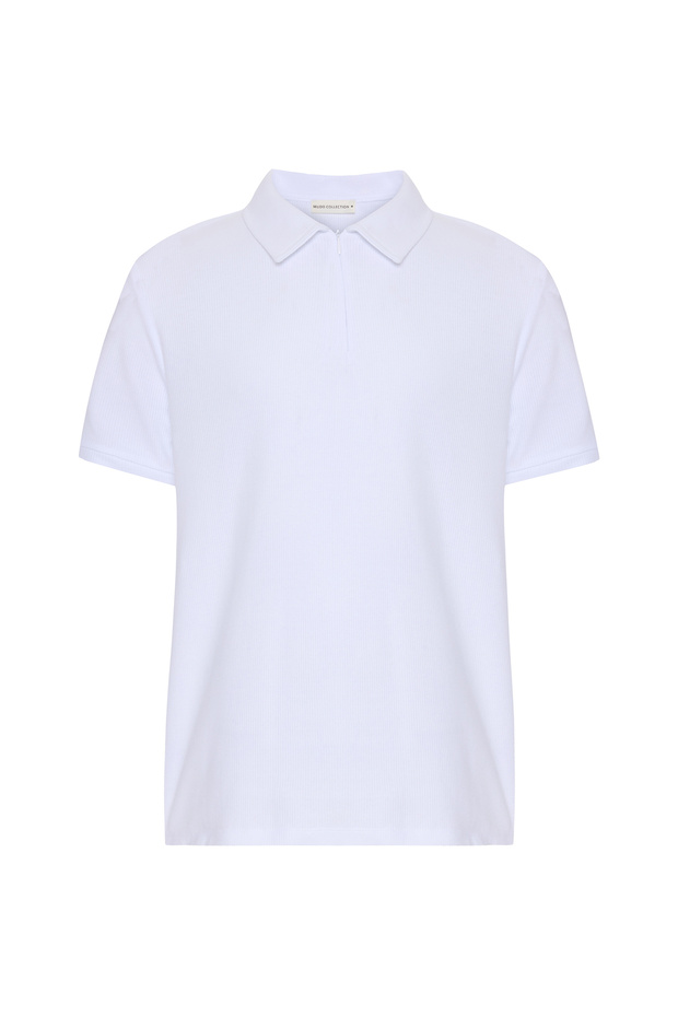 Men's White Zippered Polo Collar T-Shirt