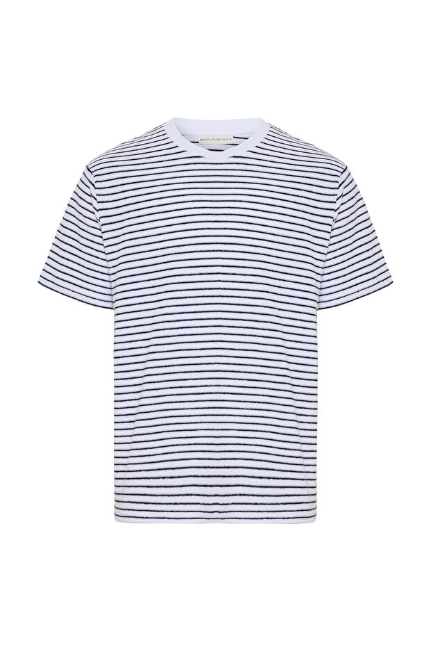 Men's White Striped Crew Neck Knitted T-Shirt