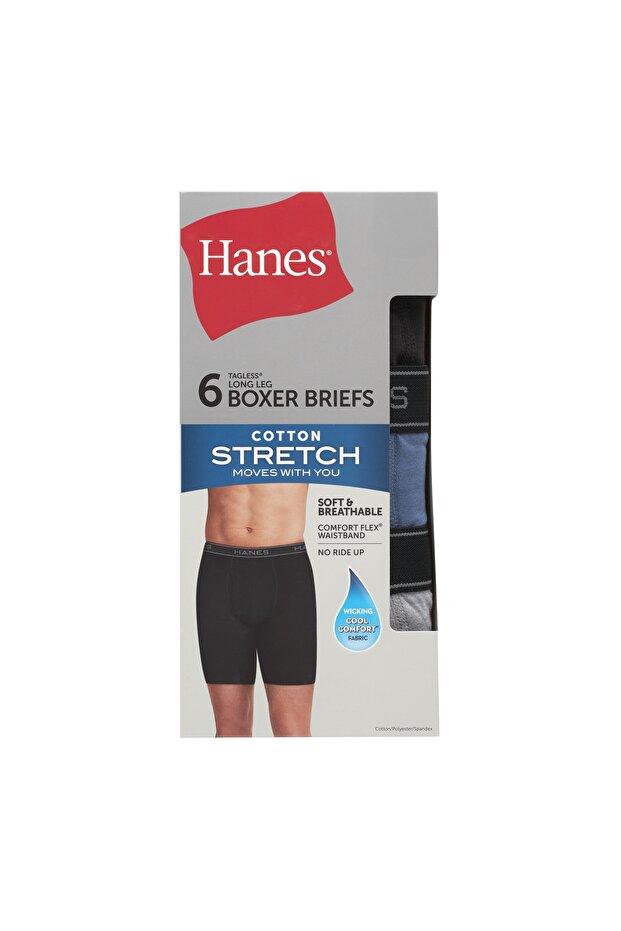 Boxer Brief Underwear, Cotton Stretch Long Leg Boxer Briefs, Breathable & Moisture-Wicking, 6-Pack