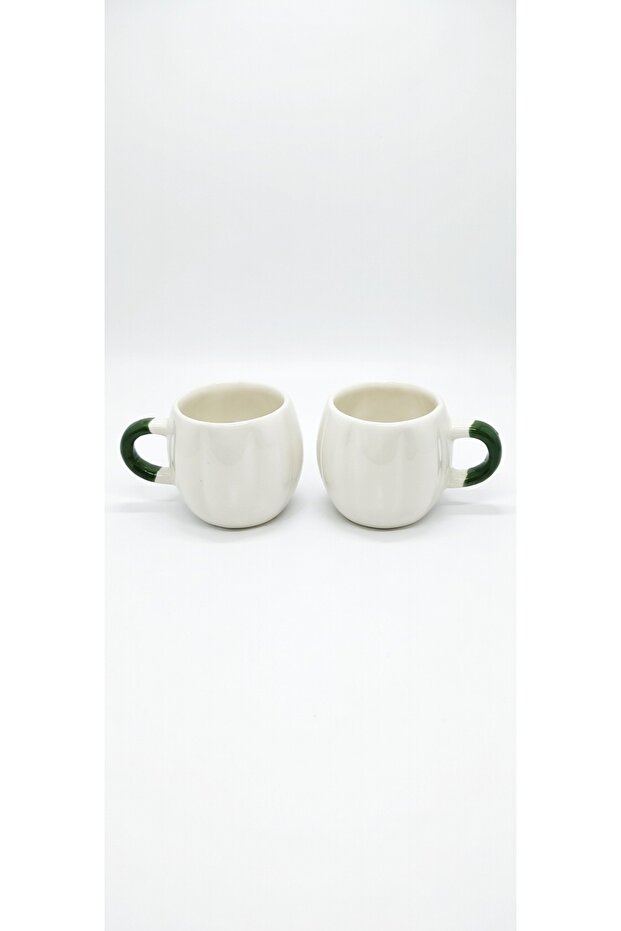 Cute White Ceramic Cups in Pumpkin Shape, Set of 2 - Green Strappy Pumpkin Mug