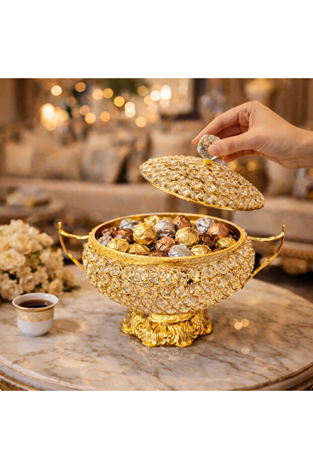سلة تقديم فاخرة بتصميم مذهّب مرصعة بالكريستال اللامع عالي الجودة