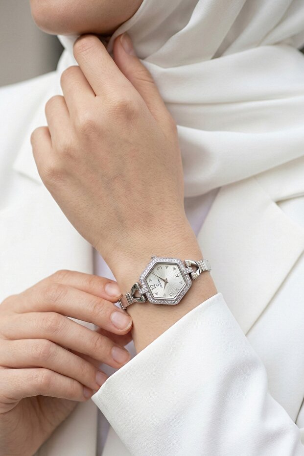 Silver Hexagonal Case Women's Wristwatch