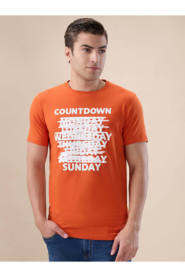 Puff Typography Print Regular Fit Orange T-shirt