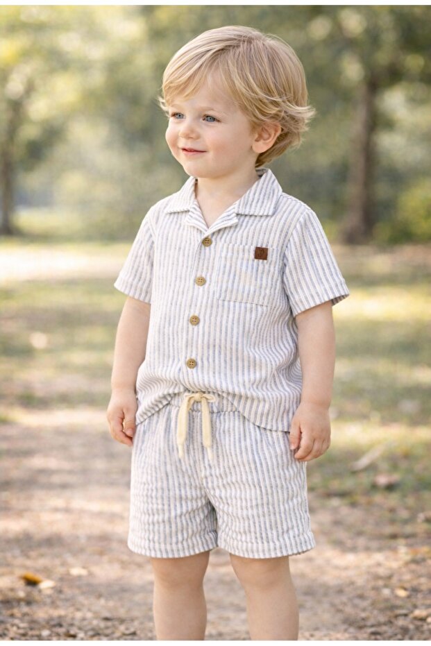 Boys 2 Pc Set "Blue-Stripe Seersucker Shirt & Shorts Set