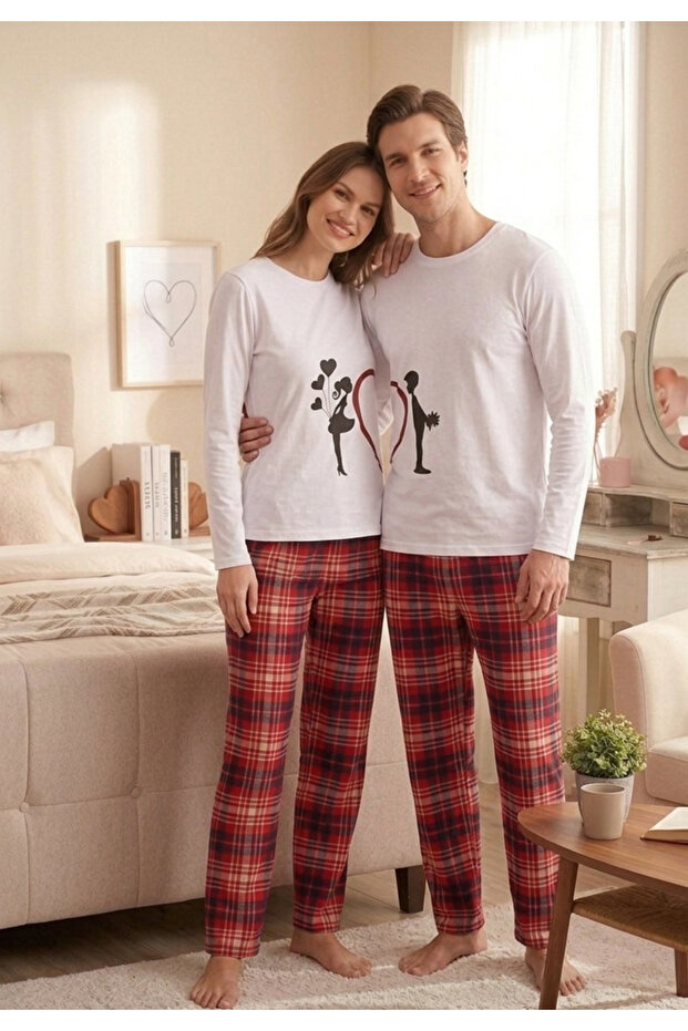 Set of Cotton Vectorial Heart Figured Lover Couple Pajamas