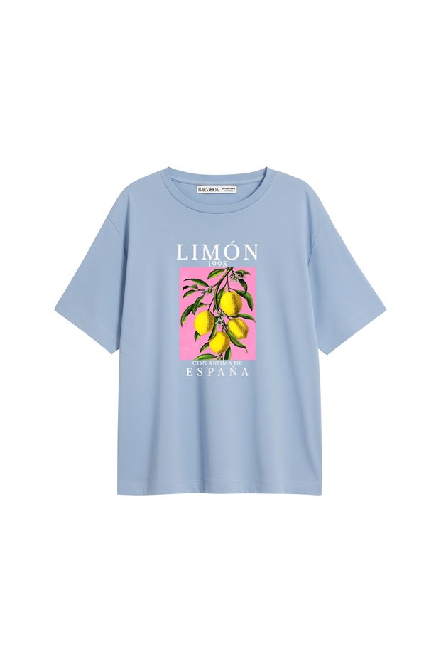 Lemon Printed Relaxed Fit Baby Blue Women's Tshirt