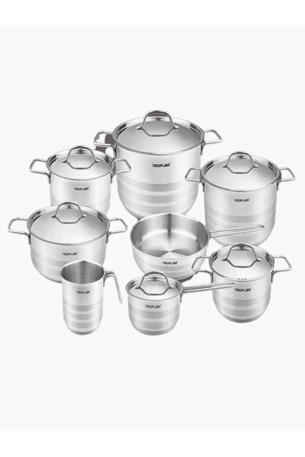 ,S.S Cooking Set14Pcs(18,20,24,26,28cm pots w.lid+MilkPot14cm+Saucepan16Cm+Fry pan24cm)Glossy