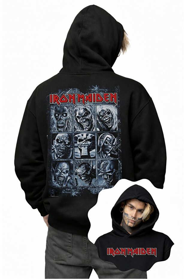 سويت شيرت Iron Maiden مقاس كبير للجنسين مطبوع بغطاء رأس
