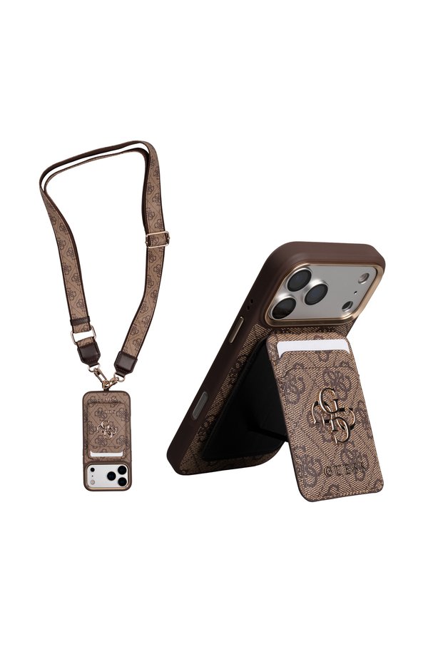 iPhone 17 Pro Max Licensed 4g and Text Logo Case + Card Holder + Strap Lanyard 3in1 Set Brown