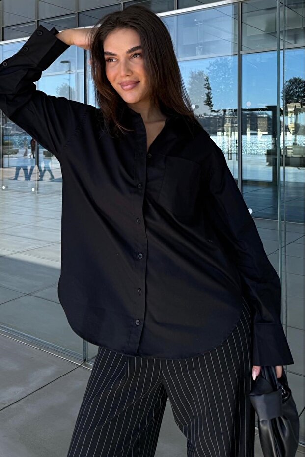 Black Pocket Detail Basic Women's Shirt Mg2737