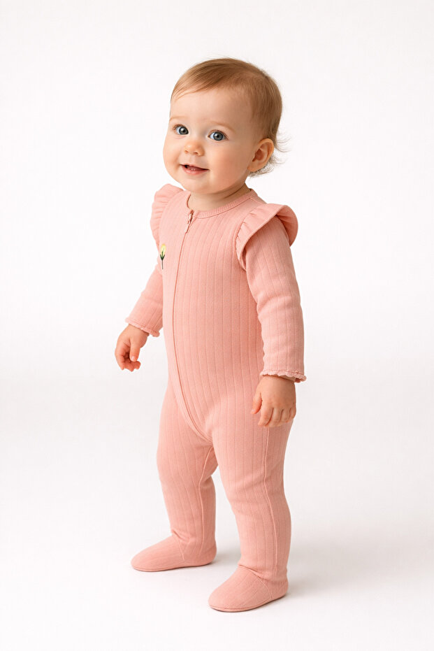 Embroidered Girls' Zippered Jumpsuit with Booties