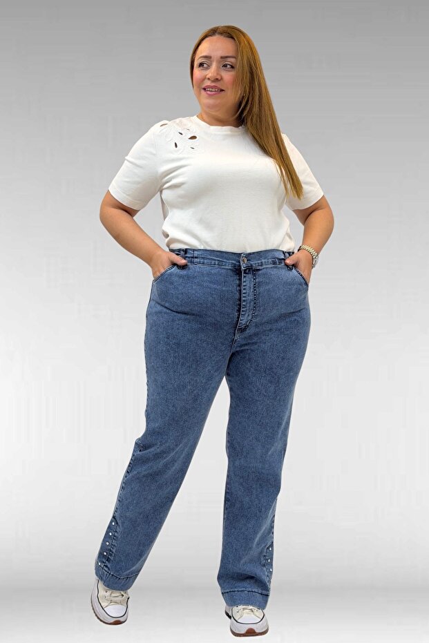 59024 Large Size Jeans with Stone Detail on the Hem - Blue