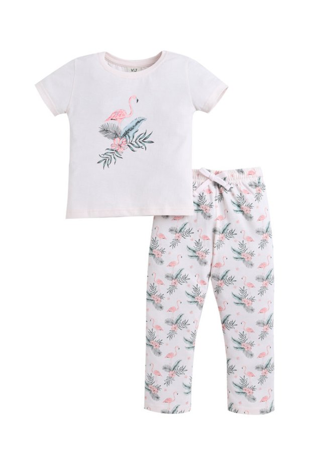 Girls Flamingo Print Cotton Pajama Set – T-Shirt & Full Pants Nightwear