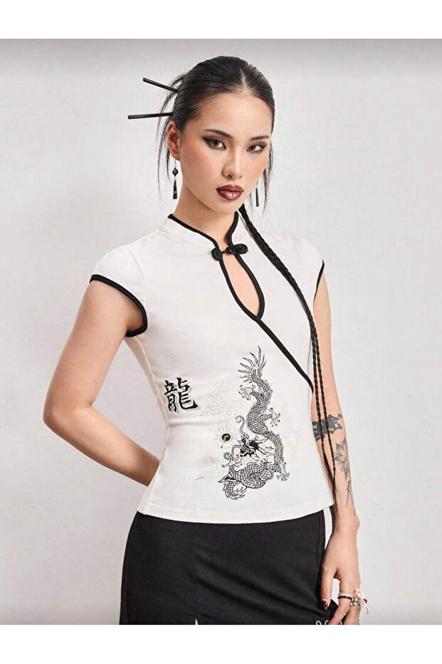 Colar Ejder Baskılı Çin Düğmeli Bluz - 1