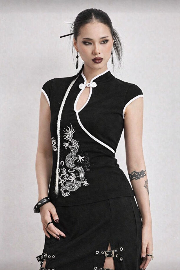 Colar Ejder Baskılı Çin Düğmeli Bluz - 6