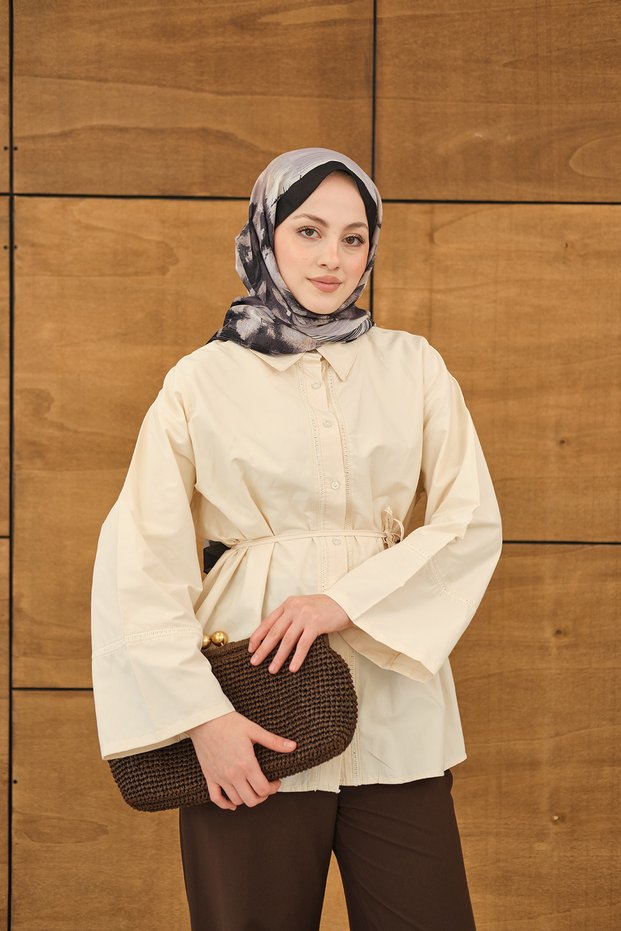 Women's Lace Detail Waist Tie-Detail Shirt Cream