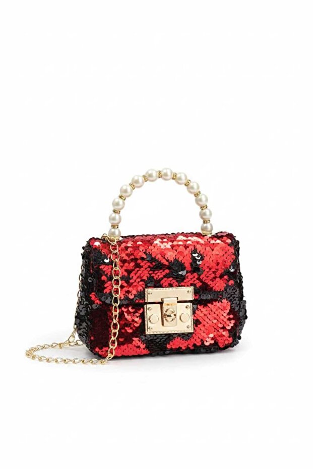 Mini Girls' Festive, Daily, Stylish Shoulder Bag with Pearl Handle and Shiny Sequin Chain Strap