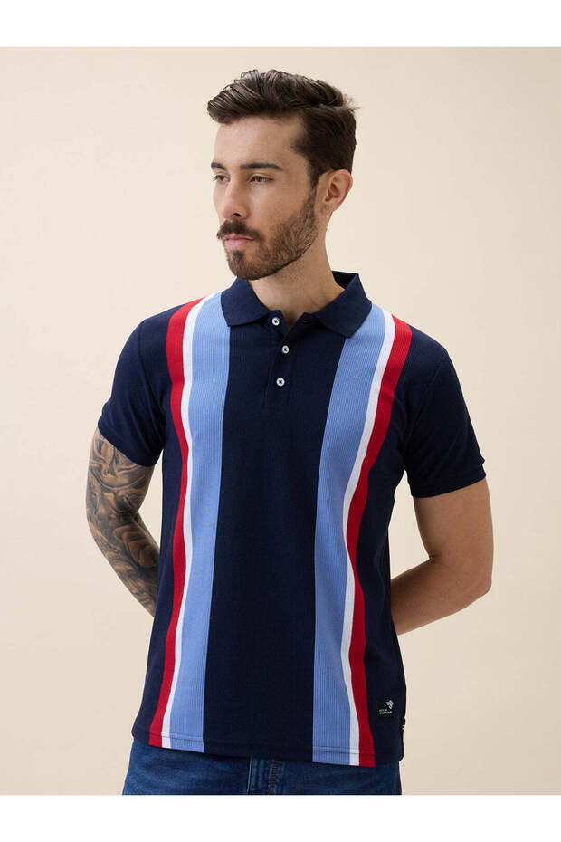 Striped Regular Fit Navy Polo Collared T-shirt