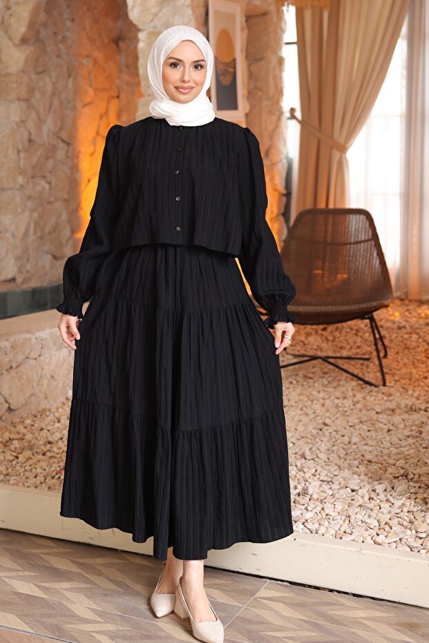 Black Buttoned Shirt and Skirt Set