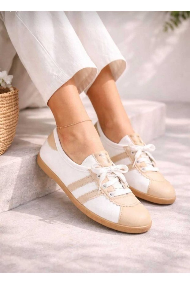 Women's Retro Striped White Brown Daily Lace-Up Ballet Flats - Casual Shoes