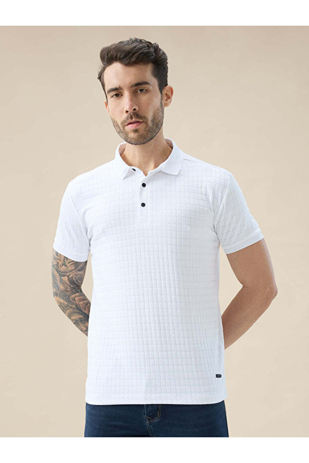 Textured Regular Fit White Polo T-shirt