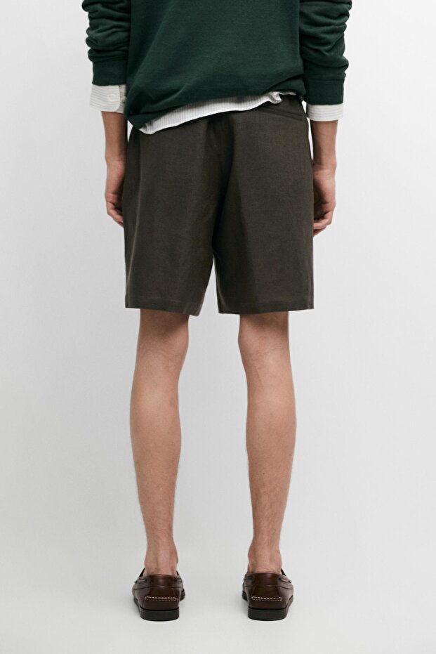 Elastik detaylı keten bermuda şort - 3