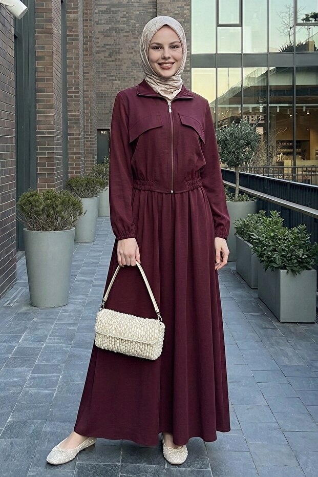 Pocket Cover Detailed Zippered Claret Red Modal Set